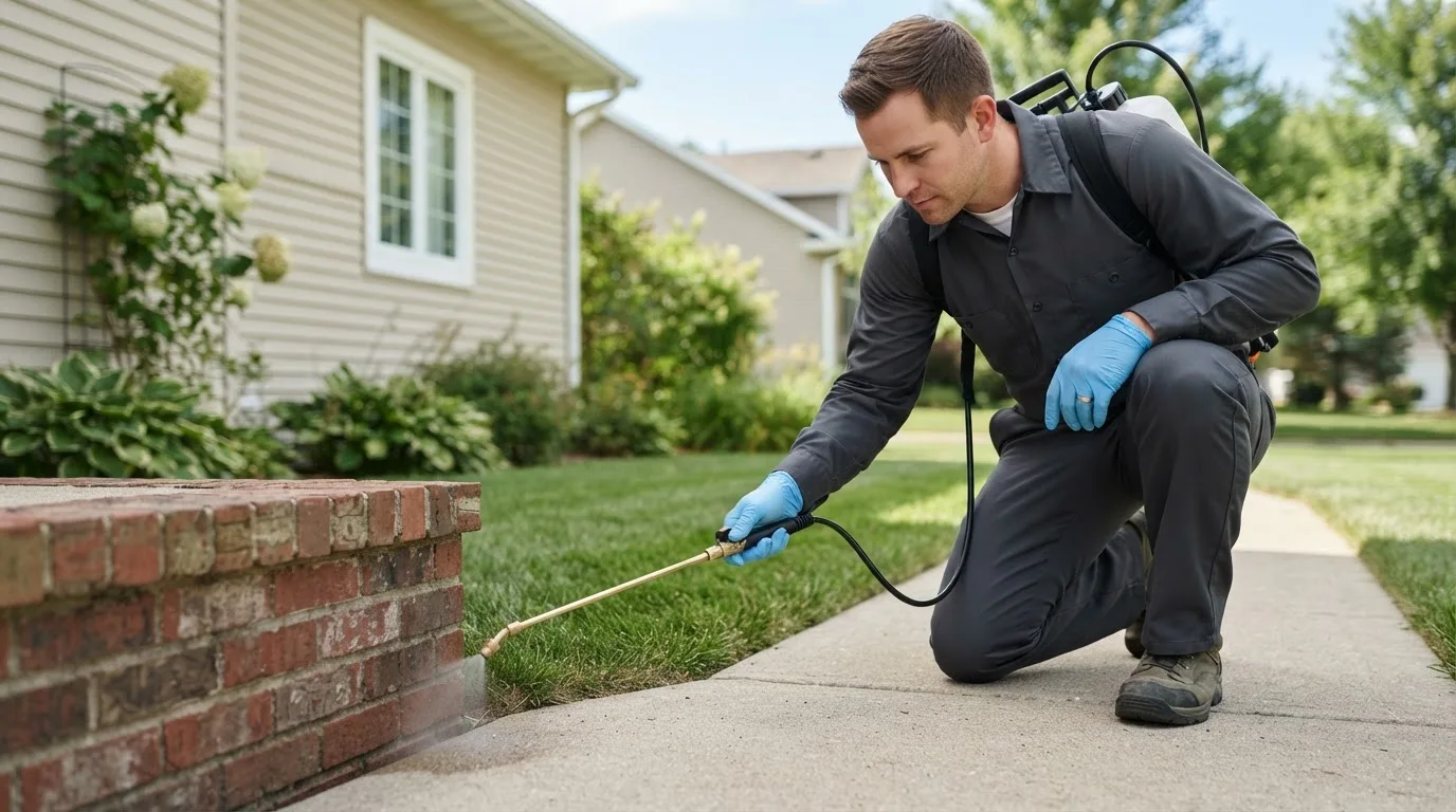 Pest control technician treating a home near Missoula, MT